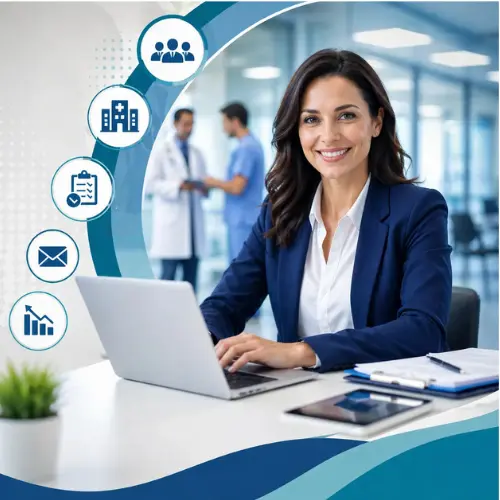 Hospital Administrators Email List USA – Healthcare administrator working on laptop in hospital office environment