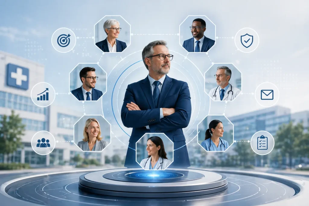 Hospital executives network illustration showing verified decision-makers, healthcare leadership connections, and hospital executive contact data for targeted B2B outreach.