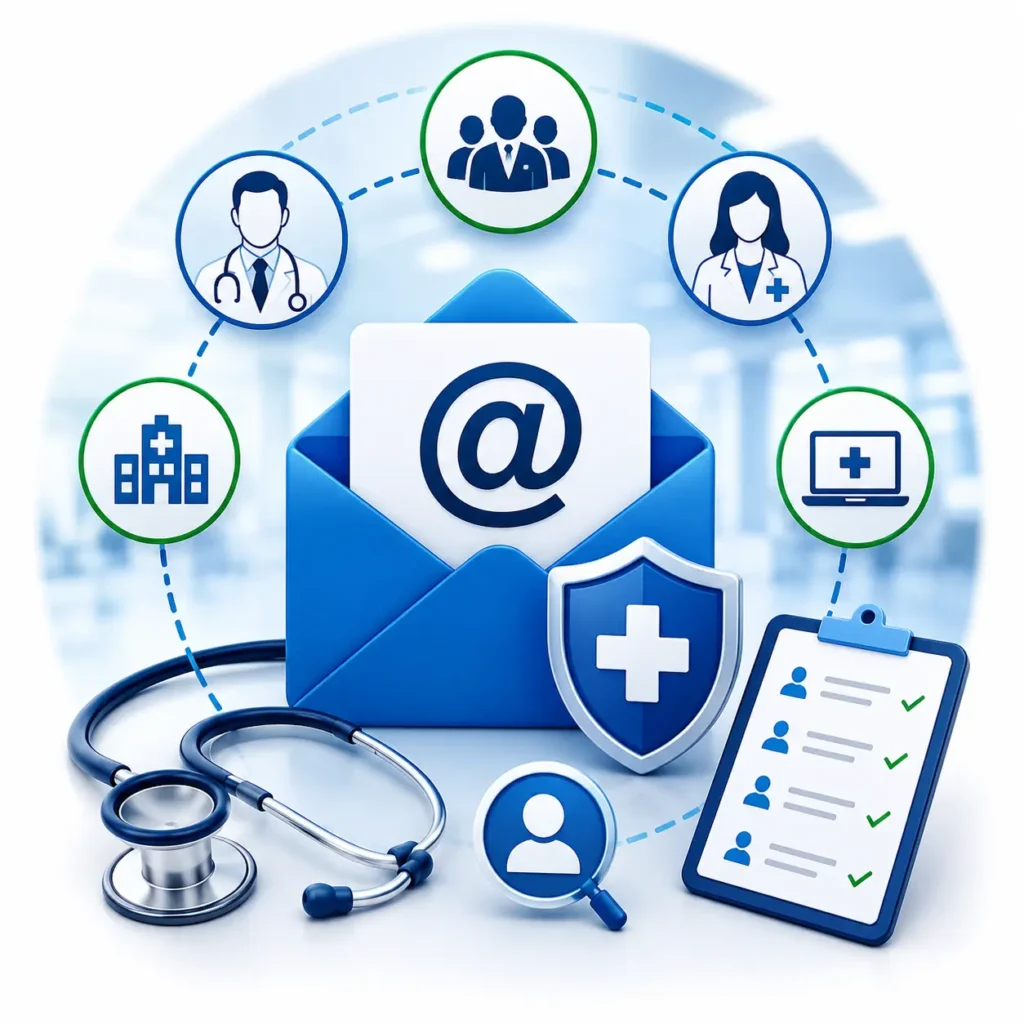 Healthcare email list illustration with medical icons, email marketing concept, healthcare professionals, and secure healthcare data network