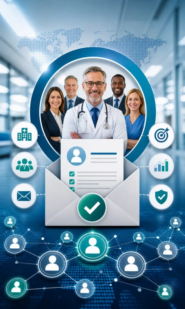 Healthcare decision makers email list illustration showing hospital executives, verified contacts, and B2B healthcare data targeting
