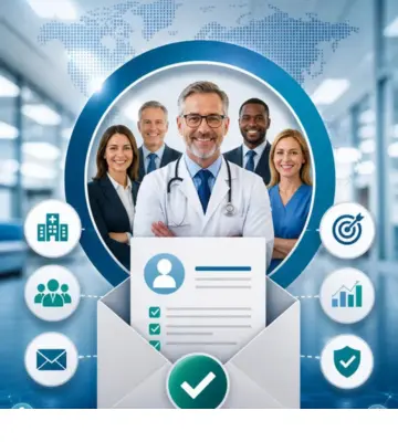 Healthcare Decision Makers Email List illustration with healthcare executives and verified medical contact database