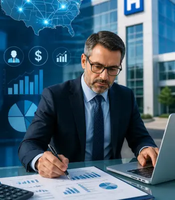 Hospital CFO Email List USA - financial executive analyzing healthcare data in hospital office