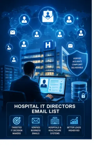 Hospital IT Directors Email List illustration showing healthcare technology leadership, verified business contacts, hospital systems, cybersecurity, and healthcare IT data targeting.