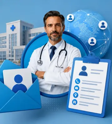 Medical Directors Email List healthcare contact database illustration with doctor, hospital, and healthcare communication elements